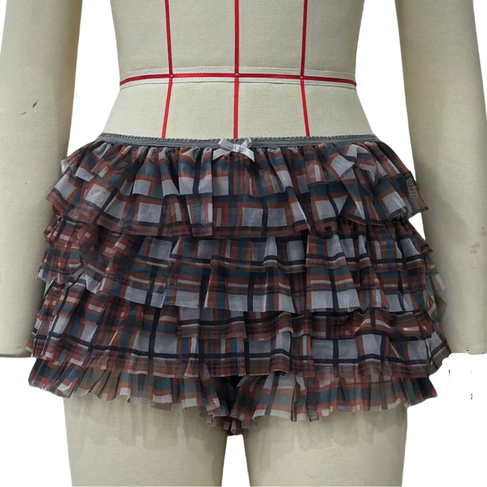 HLJ&GG Summer New Letter Y2K Streetwear Women V Neck Short Sleeve Slim Crop Top And Ruffle Plaid Shorts Two Piece Sets Outfits