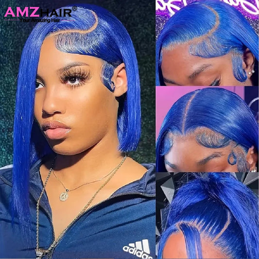 10 12 14 Inches Blue Straight Lace Frontal Human Hair Wigs Navy Blue 13x4 Lace Front Wig Royal Blue Colored Short Bob Wigs