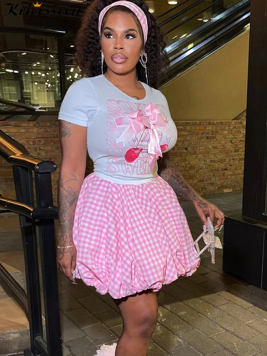 Kricesseen Cute Girls Sweety Bow-Tiw Tee Tops And Plaid Ruffles Skirt Set Two-Piece Pink Holiday Outfits