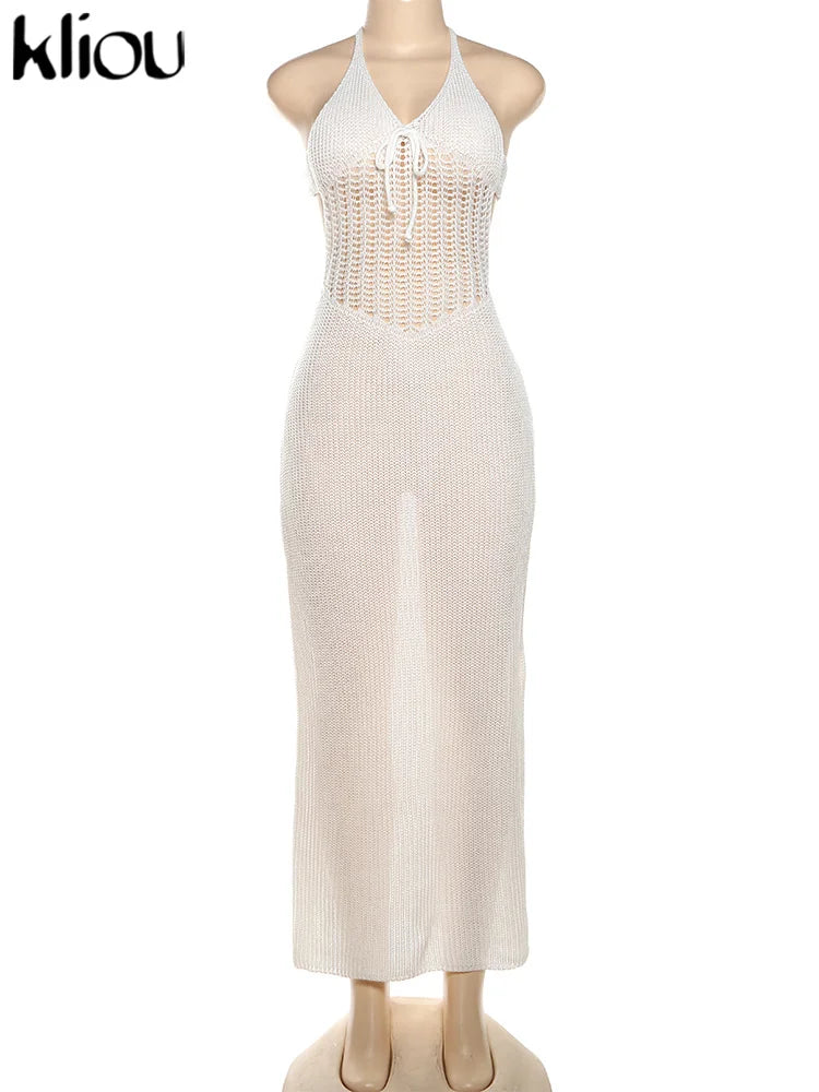 kliou Crochet Halter Dress Women See Through Bandage Sleeveless Backless Sheath Low Neck Vestidos Concise Solid Girls Streetwear