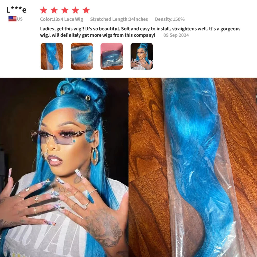 250 Density Blue Colored Straight Lace Front Real Human Hair Wigs Brazilian 13x4 13x6 Transparent Lace Frontal Wigs For Women