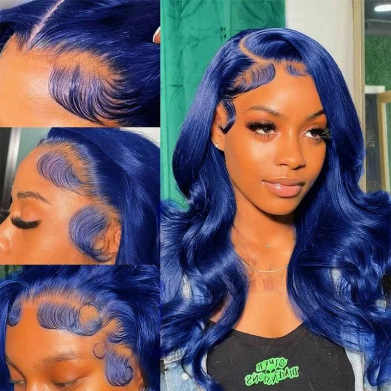 13x4 Dark Blue Transparent Lace Front Human Hair Wig For Women Pre Plucked Navy Blue Colored Body Wave HD Lace 13x6 Frontal Wigs