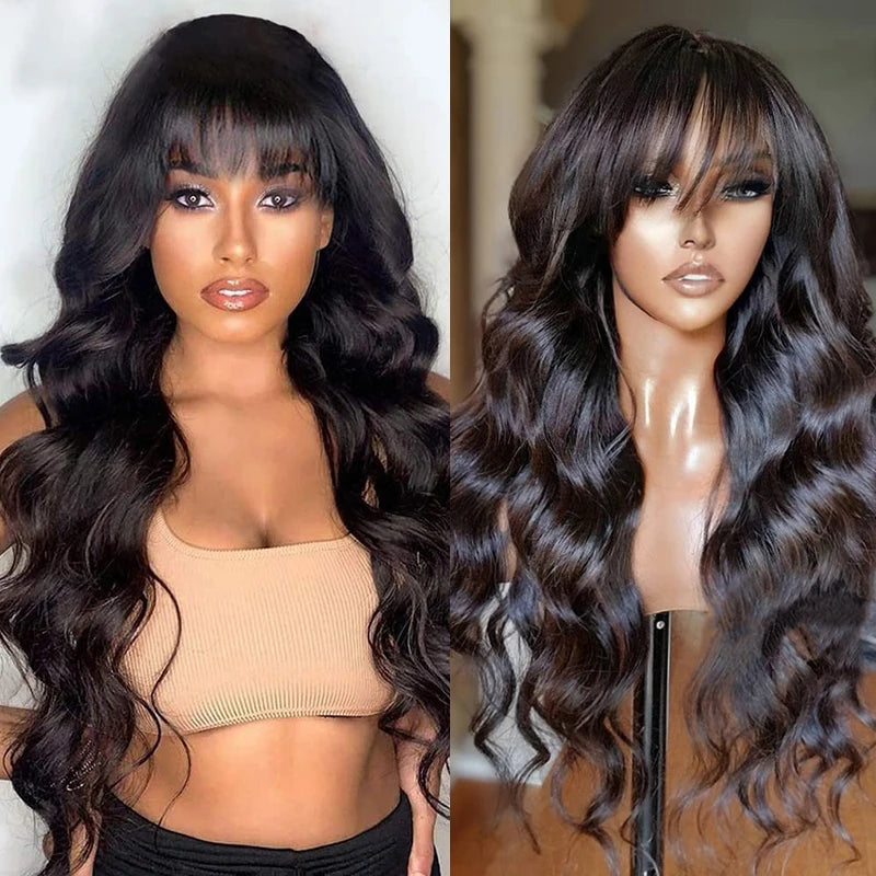 Body Wave Human Hair Wigs with Bangs 3X1 Middle Part Lace Wig Pre Plucked Body Wave Glueless Wig Machine Made Wigs For Women