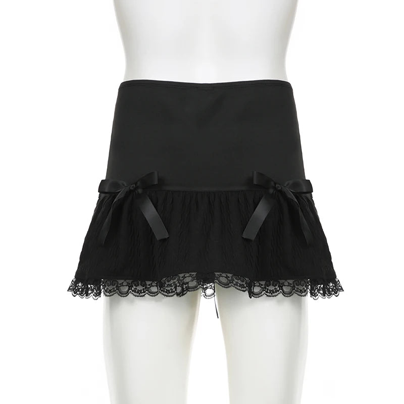 Darlingaga Gothic Y2K Lace Trim Mini Skirt Harajuku Vintage Tie Up Bow Dark Academia Sexy Women Skirts Hottie A-Line Grunge New