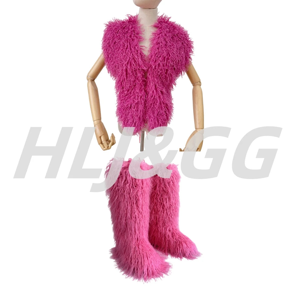 HLJ&GG Trend Y2K Two Piece Sets Women Fur Feather Halter Waistcoat Fashion Backless Lace Up Legs Cover Streetwear Clothing 2025