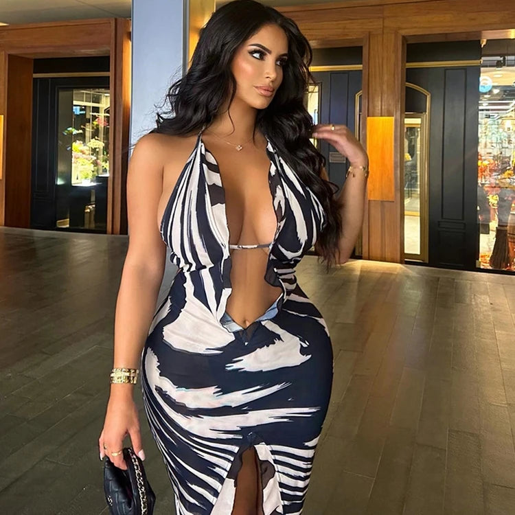 STYLISH LADY Black White Striped Printed Dress 2025 Summer Women Halter Backless Bodycon Sexy Club Party Split Long Dresses