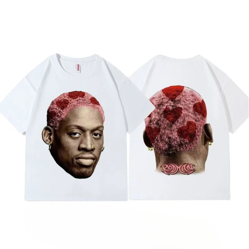 American Retro Basketball Rodman Print T-shirt Summer Round Neck Cotton Short Sleeve Unisex Sports Casual Ins Trend Tops Tees