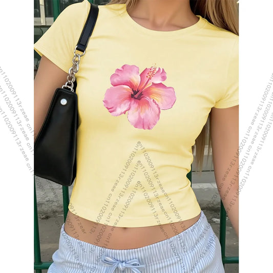 Short Crop Top Flower Print Summer Casual Street Cute Girl Hip Hop Hip Hop Street Baby Tee Y2K Harajuku Fashion Women Baby Tee