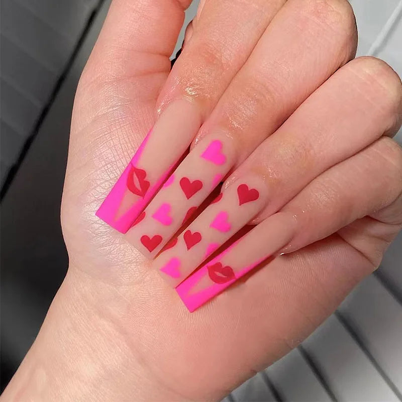 24pcs Long Batte False Nail Pink Lips Love Design Women Fake Nails Sweet Style Press on Nail Tips Valentine's Day Nail Supplies