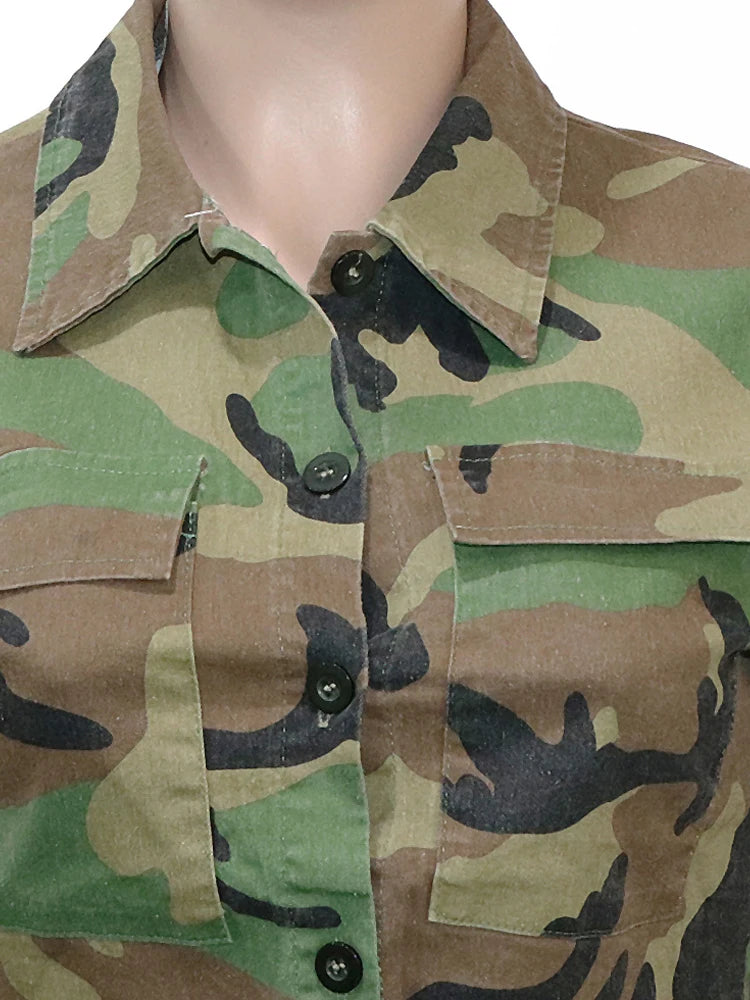 Kricesseen Fashion, 2 piece Button-Up Camouflage Green Jacket Top And High Slit Skirt Set 2 Piece Outfit Night Clubwear Overalls