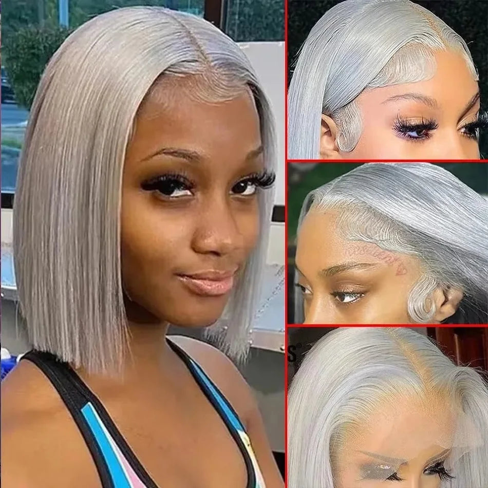10 12 14 Inch Grey Bob Lace Front Human Hair Wig 13x4 Colored Short Grey Bob Wig Pre Plucked Natural Hairline With Baby Hair