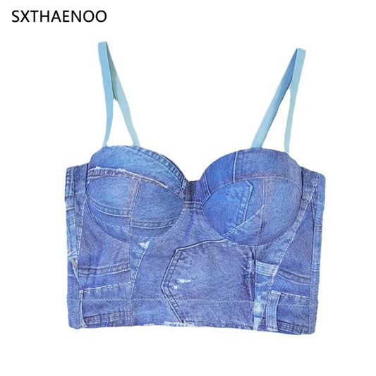 SXTHAENOO 2024 jeans Y2k Tops Corset Streetwear Sexy Club Bastet Party Fashion Clothes Night Club Stage Dance Women Clothing