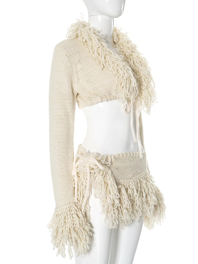 Weird Puss Crochet Tassel 2 Piece Set Women Lace-Up Cardigan Full Sleeve Crop Tops+Irregular Slits Mini Skirt Sexy Hipster Suit