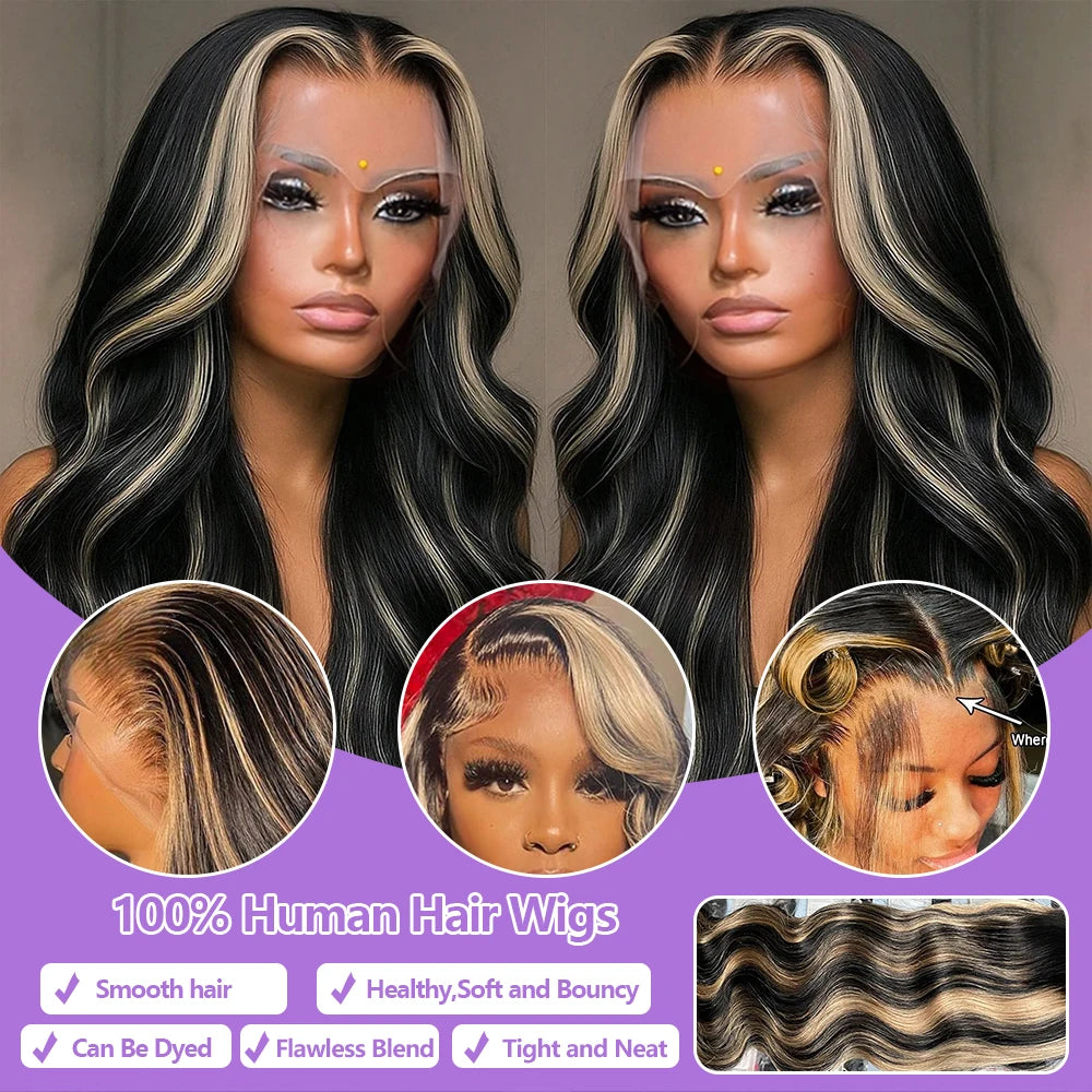 1B/27 Balayage Highlight Body Wave Wig Human Hair 30 Inch 13x4 HD Lace Frontal Wig Ombre Blonde Highlight Brazilian Hair Wigs