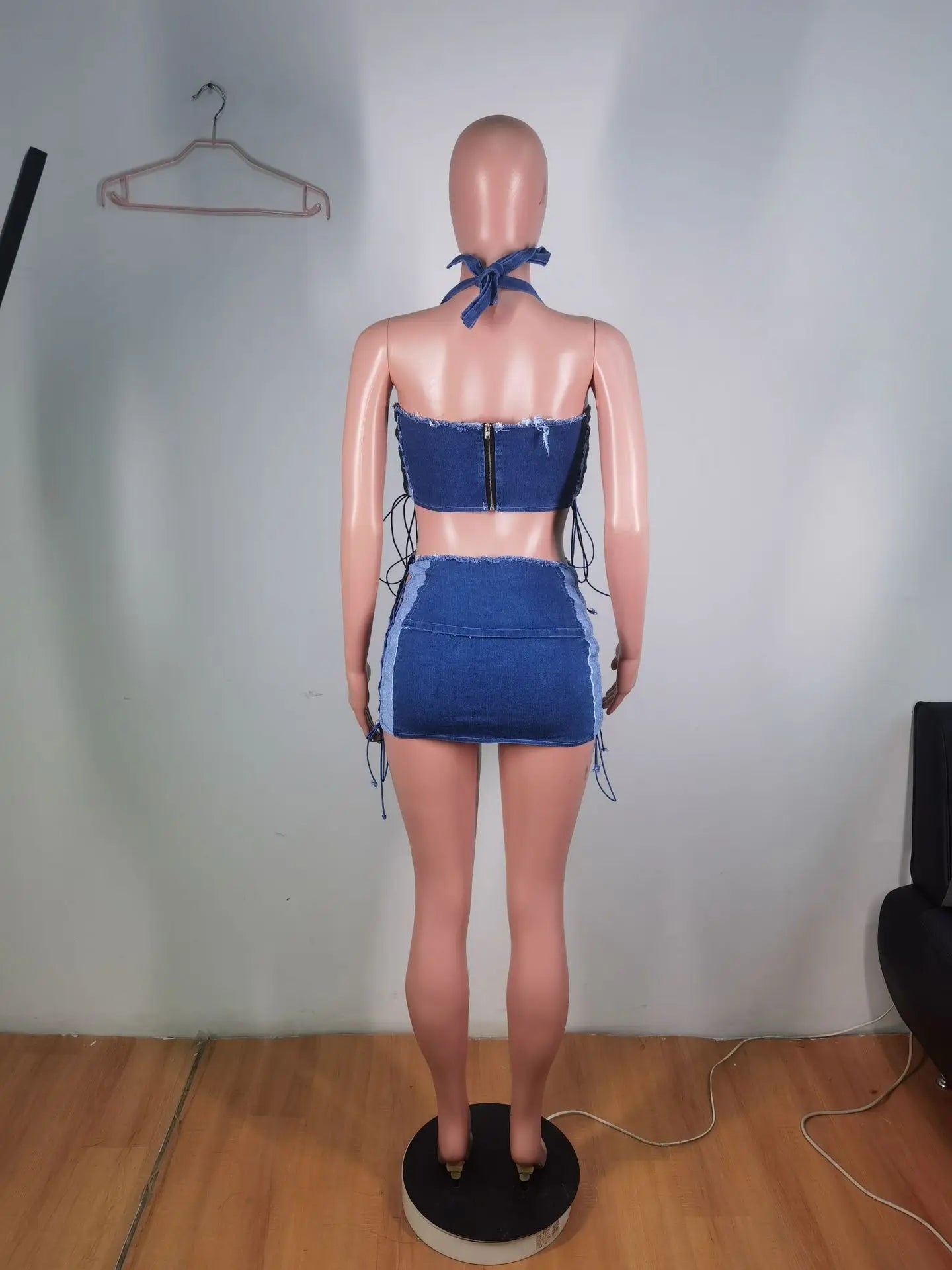 Weird Puss Hollow Bandage jeans 2 Piece Set Women Irregular Halter Zipper Sleeveless Crop Tops+Distressed Patchwork Skirts Suit