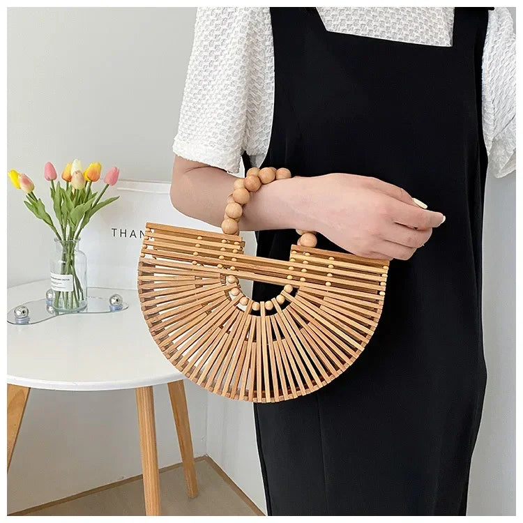 Women's Hand - Woven Bamboo Bag | Bamboo Woven Basket Style, Beach Vacation Essential, Handheld Bucket Design