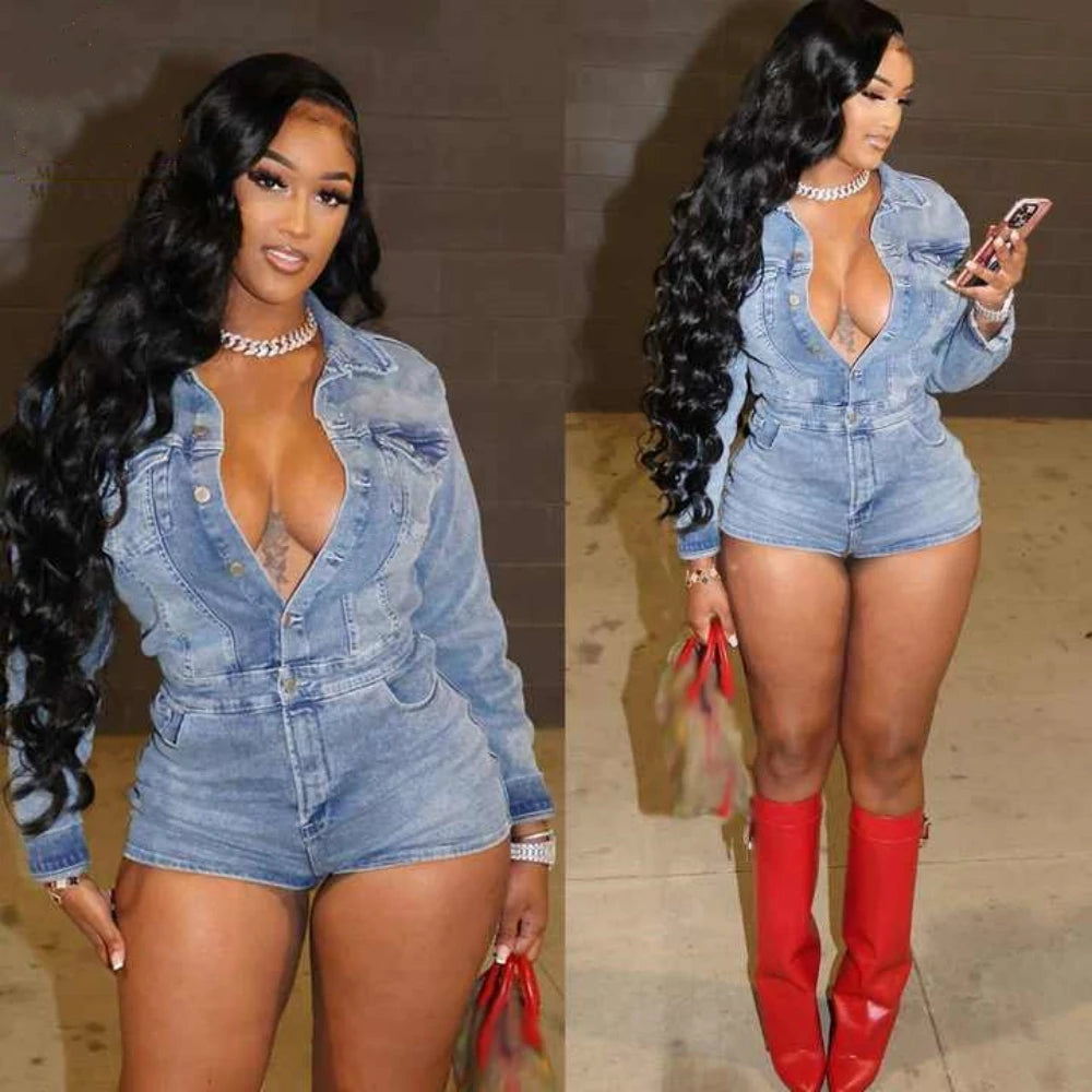 HLJ&GG Blue Fashion Pocket jeans Bodycon Rompers Women V Neck Long Sleeve Slim Cowboy One Piece Jumpsuits Sexy Female Overalls