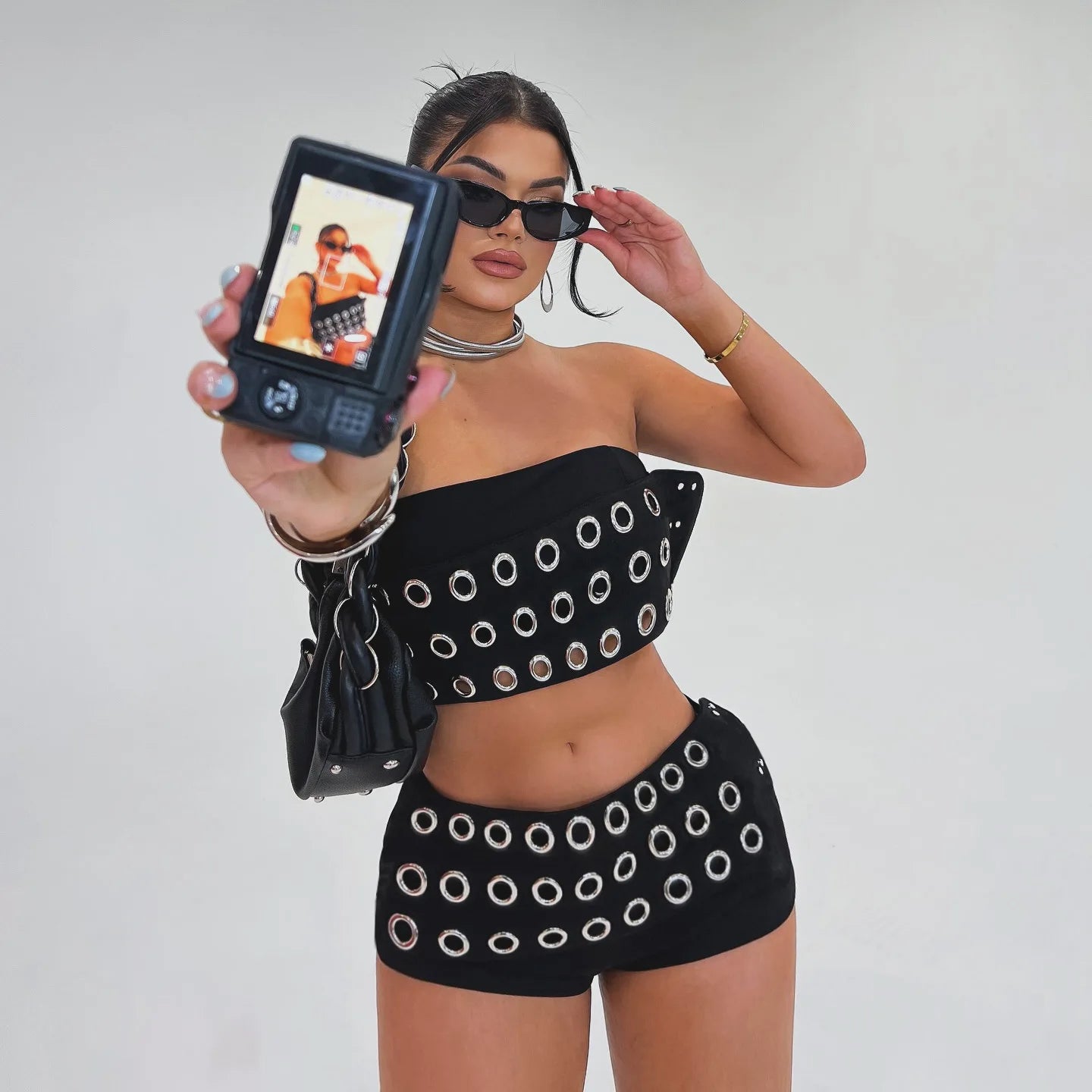 FAGADOER Y2K Sexy Hollow Out Patchwork 2 Pieces Set for Woman Sleeveless Backless Crop Top and Shorts Outfits Female Streetwear