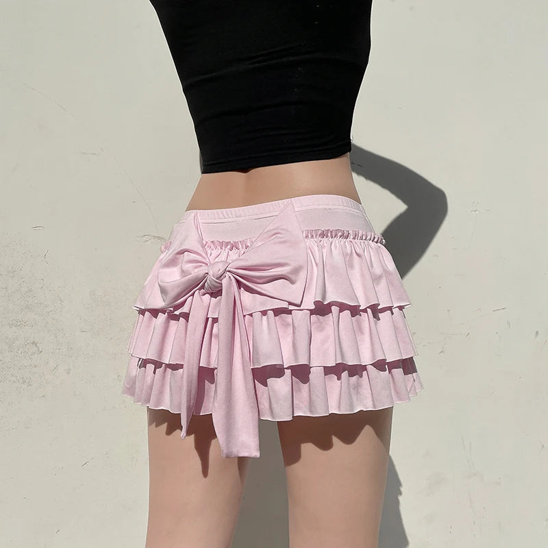 Rockmore Bow Sweet A-Line Skirts Women Sexy Slim Low-Waist Mini Skirts Y2K Female Summer Streetwear Pink Pleated Skirts Coqutte
