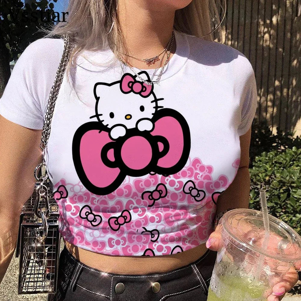 Women's Clothing Short Sleeved T-shirt Slim Fit Top Women's Clothes Pink Hello Kitty Printed Crop Top T-shirt Girls Street Wear