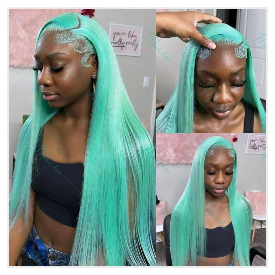 Mint Green Colored Human Hair Wigs Brazilian Straight 13x6 HD Transparent Lace Frontal Human Hair Wigs for Black Women 200% 250%