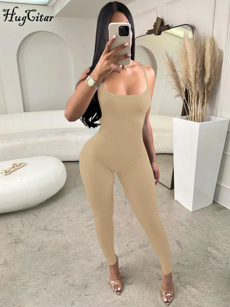 Hugcitar 2024 Fashion Ribbed Solid Slips Backless Sexy Skinny One Piece Jumpsuit Women Y2K Romper Vacation Sport Overalls