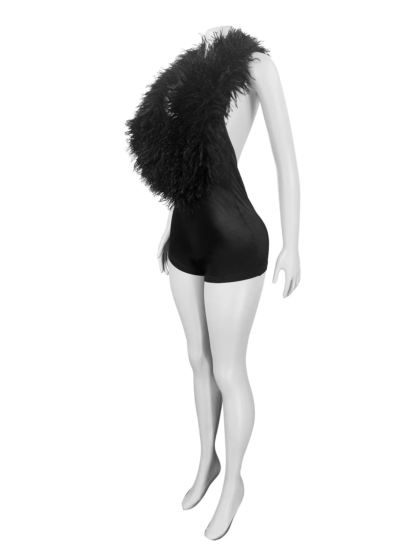 Joskaa Women's Sexy Faux Fur Romper Halter Deep V Backless Activity Workout Fit Skinny Playsuits Holiday Club Rompers S-XXL