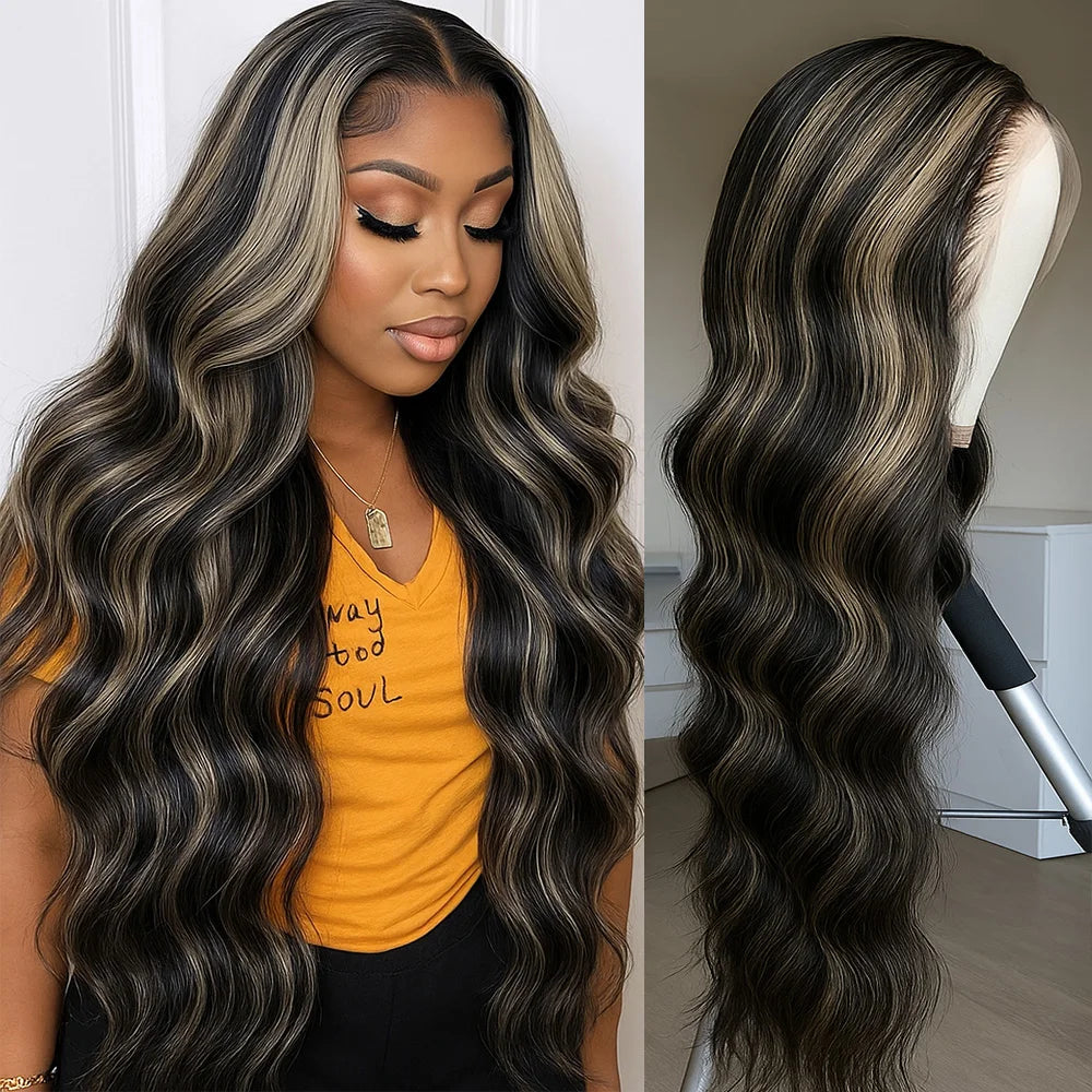 1B/27 Balayage Highlight Body Wave Wig Human Hair 30 Inch 13x4 HD Lace Frontal Wig Ombre Blonde Highlight Brazilian Hair Wigs