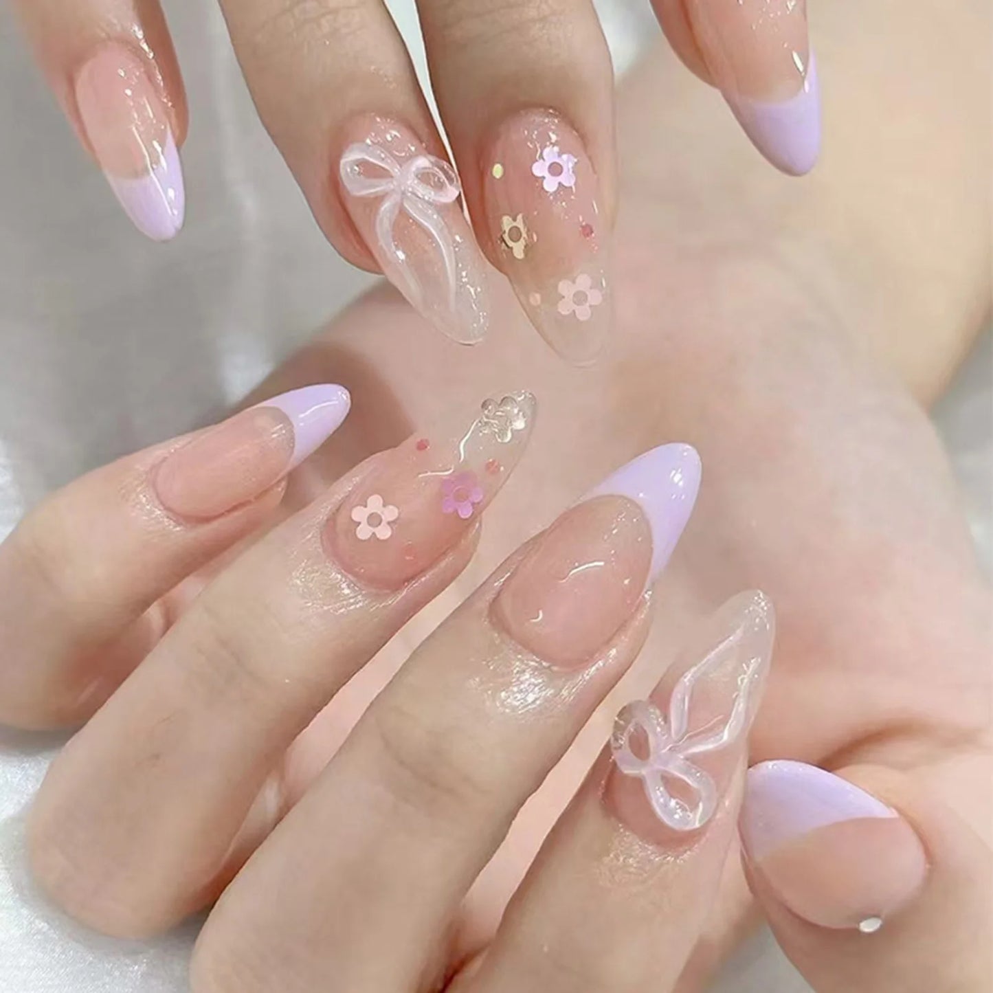 24pcs Nude Pink False Nails Patches 3D Bowknots Flower Press On Nails 2024 New Wearable White French Style Fake Nail Tips