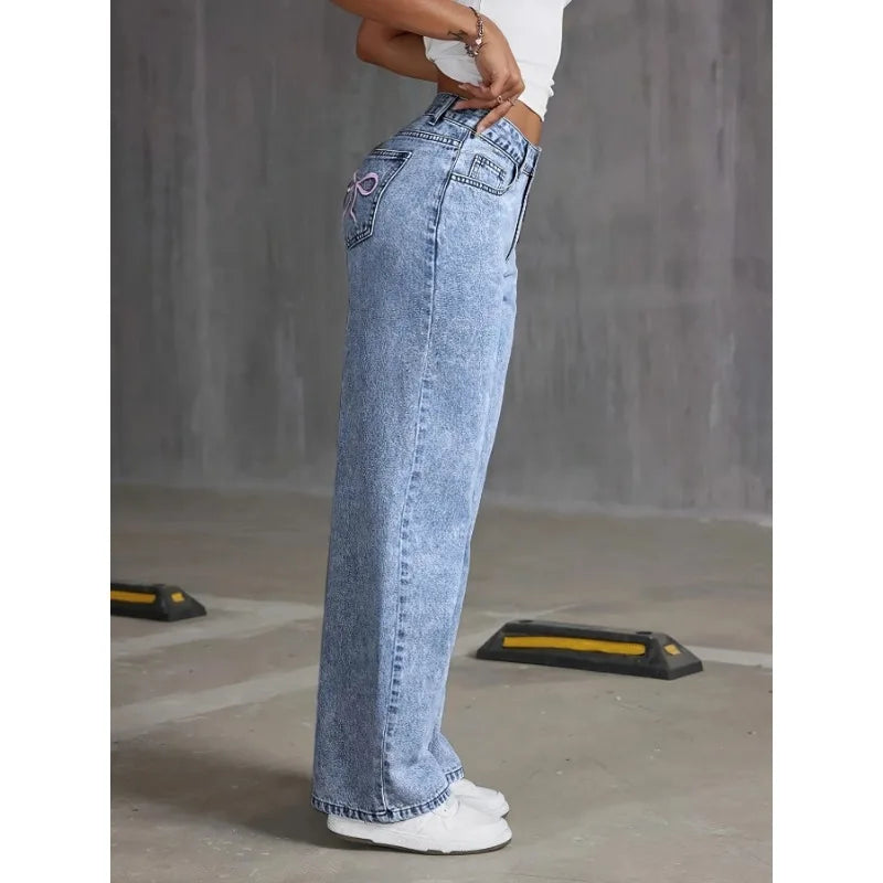 Wide Leg Jeans High waisted Bow Embroidered Pocket Wide Leg Jeans Fashionable ladies Trousers Casual Style