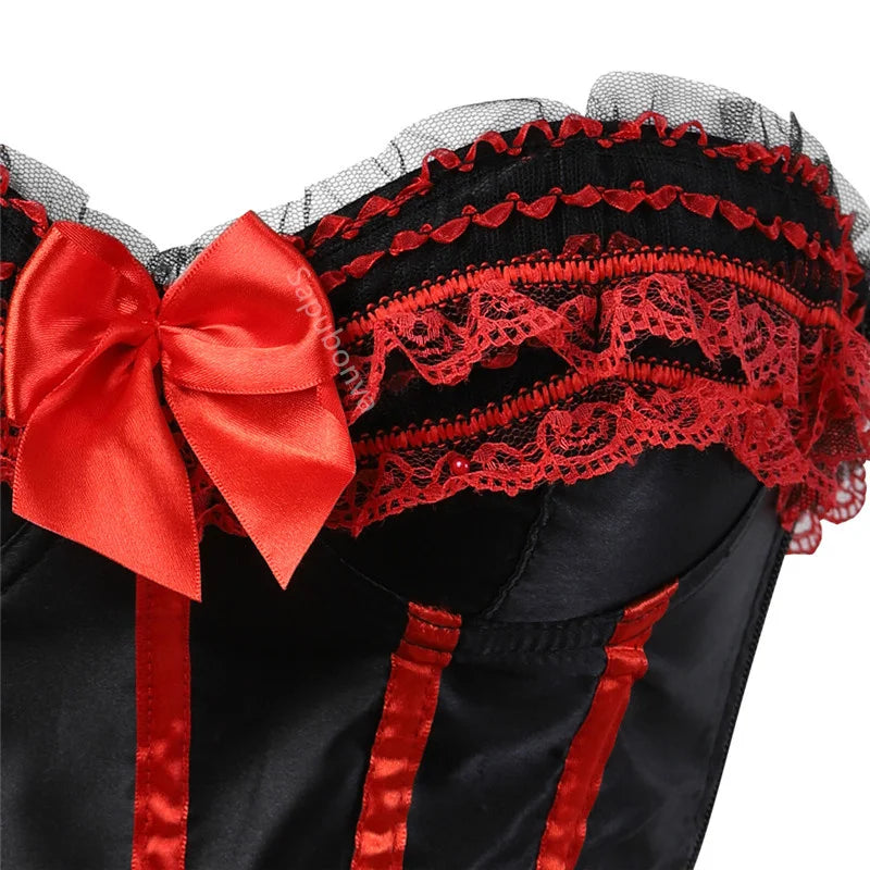 Sapubonva Lace up corsets bustiers top sexy satin overbust corset striped ladies satin halloween big size red black pink korsett