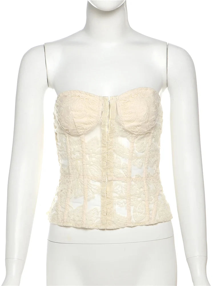 Weird Puss See Through Women Corset Top Warp Sleeveless Lace Concealed Metal Buckle Backless Sexy Summer Trend Midnight Mini Top