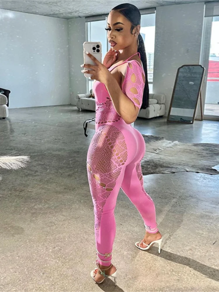 Weird Puss Rhinestone Embellished Women Jumpsuit Backless Halter Hollow Sheer Sexy Slim One Pieces Bodycon Hottie Party Clubwear