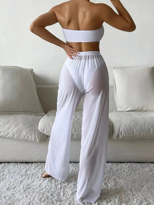 3pcs Tie Front Bandeau Bikini Set 2026 Women Triangle Swimwear Female Printed Swimsuit With Beach Pants Sexy Padded Bathing Suit