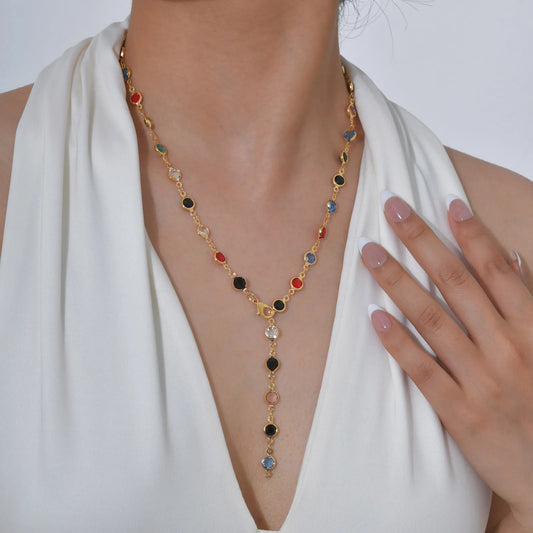 Long Y Shape Necklace, Multicolor Stone Beaded Chain Y2K Necklace for Women, Handmade Boho Summer Jewelry
