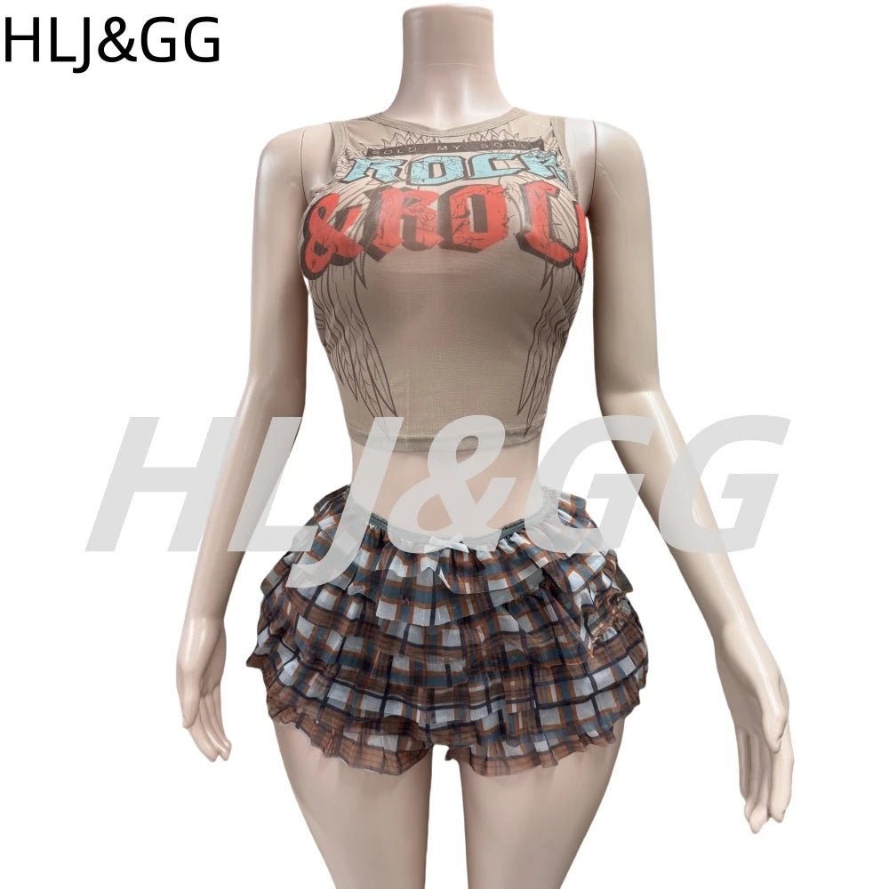 HLJ&GG Summer New Letter Y2K Streetwear Women V Neck Short Sleeve Slim Crop Top And Ruffle Plaid Shorts Two Piece Sets Outfits