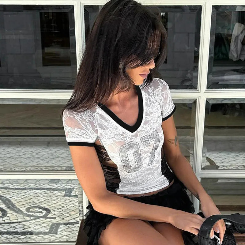 Weird Puss Mesh Patchwork 2 Piece Set Women Rhinestones V-Neck Short Sleeve Crop Tops+Tierred Shorts Skirts Trend Contrast Suit