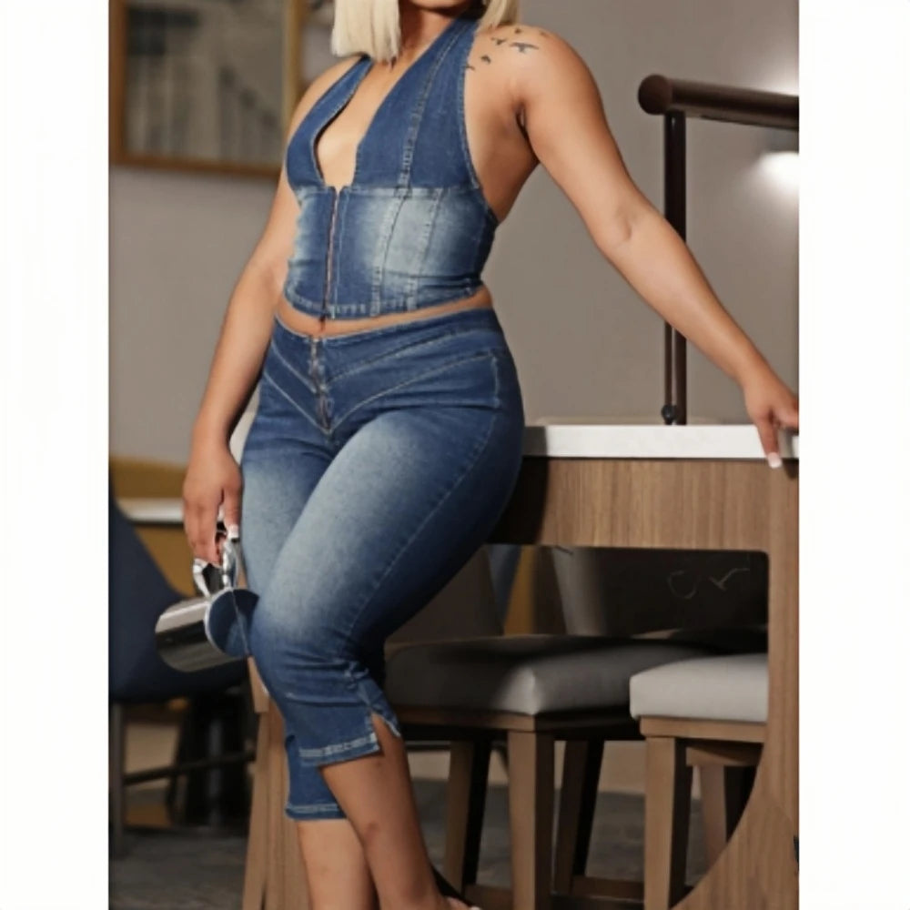 HLJ&GG Blue Fashion jeans Halter Two Piece Sets Women Sleeveless Backless Slim Crop Top And Skinny Jean Pants Outfits Streetwear