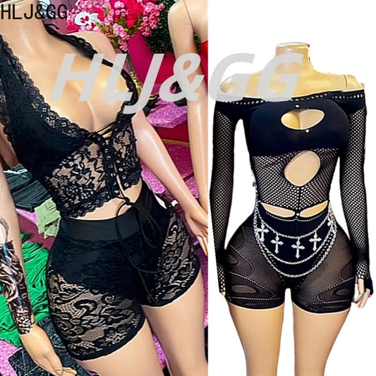 HLJ&GG Sexy Lace Hollow See Though Two Piece Sets Women V Neck Spaghetti Strap Slim Crop Top + Shorts Outfits Fashion Streetwear