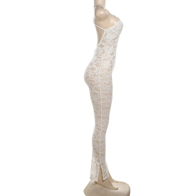 CM.YAYA Fashion Women Spaghetti Strap V-neck Backless Lace See Though Jumpsuits Sexy Club Party Outfits One Piece Suit Rompers