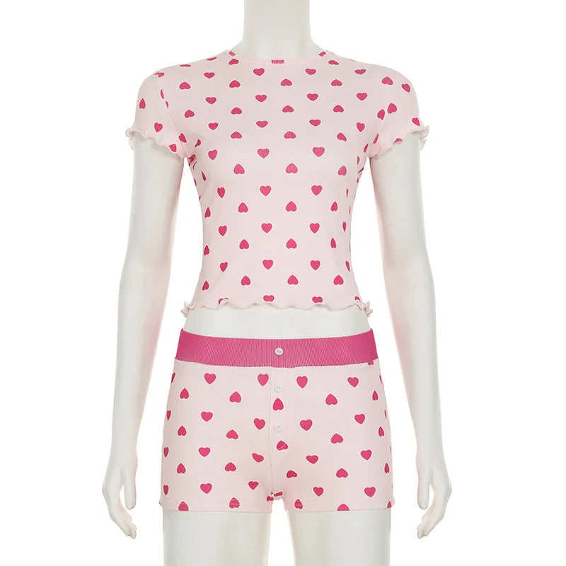 STYLISH LADY Heart Printed 2 Piece Set Women Short Sleeve Crop Top and Shorts Suits 2025 Summer Valentine's Day Home Sleepwear