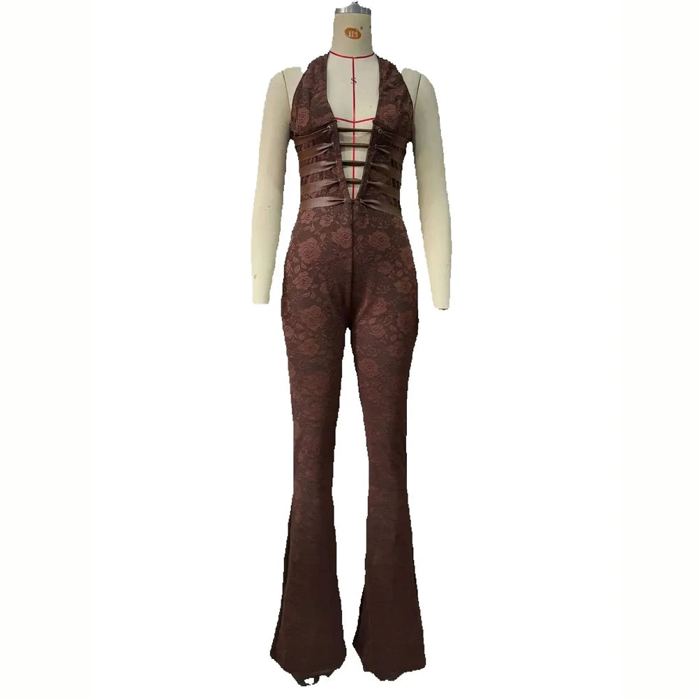 Weird Puss Hollow Bandage Jumpsuits Women Halter Sexy Jacquard Backless Sleeveless Skinny Street Workout Club Hipster Overalls