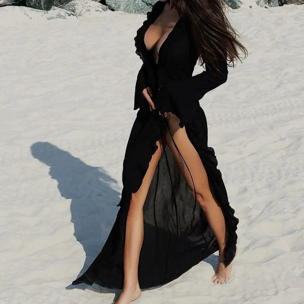 Fashion V Neck Summer Beach Cover Up Ruffled Loose Beach Dress Long Sleeve Vacation Swimsuit Cover Up Dress for Women