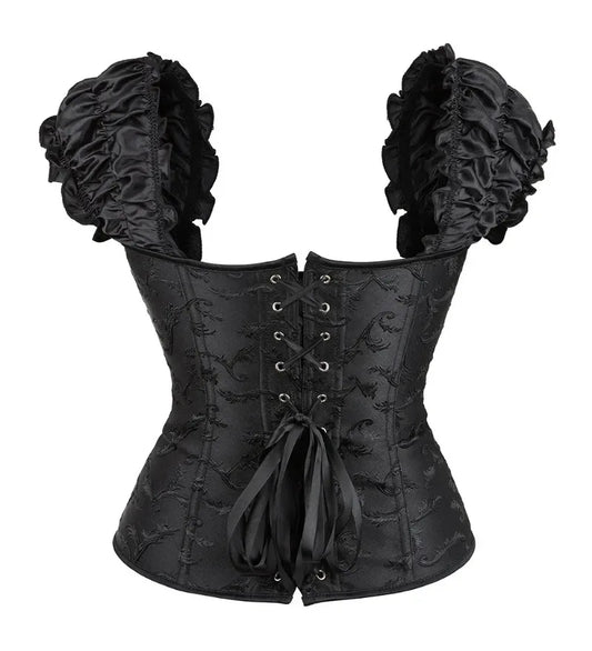 Black Satin Corsets and Bustiers for Women Vintage Gothic Lace Up Vest Overbust Corsets Shoulder Straps Brocade Corselet Top