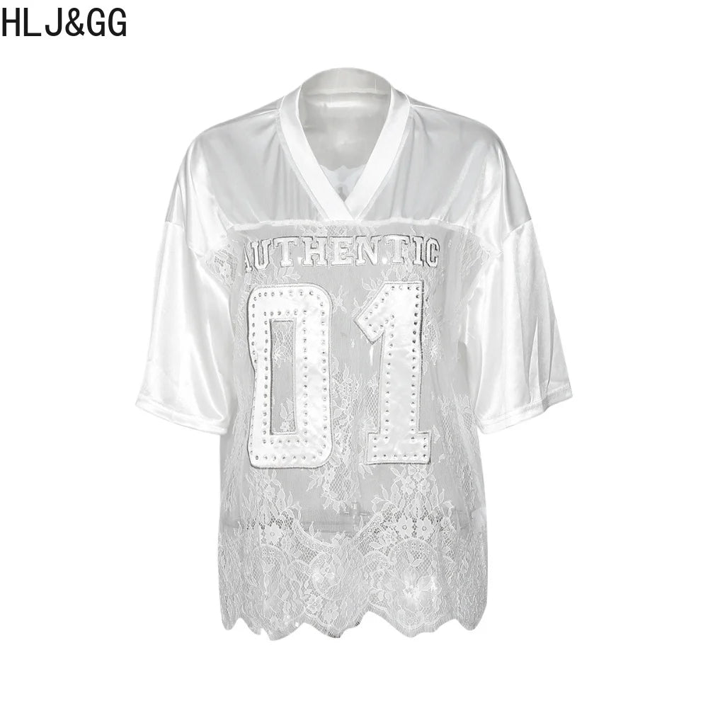 HLJ&GG Y2K Fashion Lace Splicing Letter Two Piece Sets Women V Neck Short Sleeve Loose Top+Mini Ruffle Skirts Outfits Streetwear
