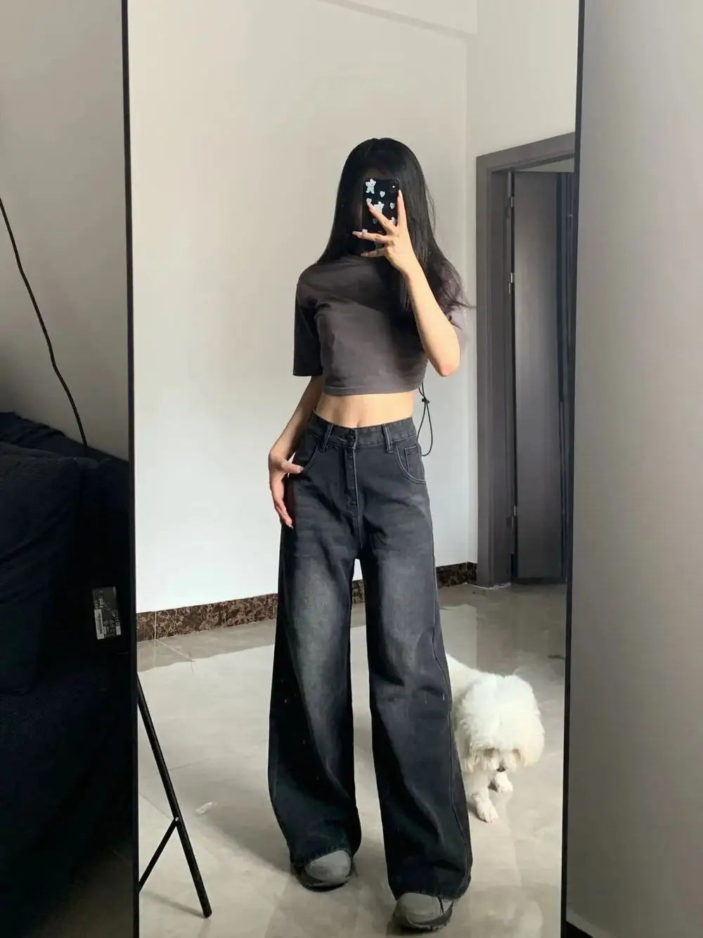 Korean Vintage High Waist ladies Jeans Y2K Slimming Pear-Shaped Loose Straight Bell Bottoms Black Gray Baggy Trousers