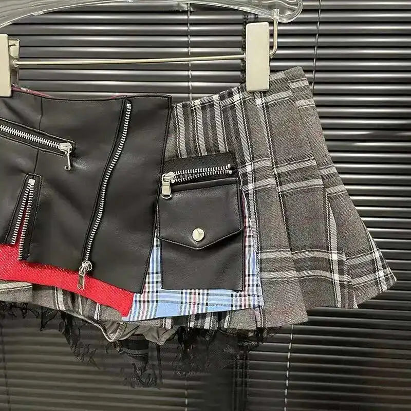 DEAT 2025 Summer New Patchwork Plaid Irregular Pleated Mini Skirt, Zipper Pockets Lace Design Skirts 29L7565