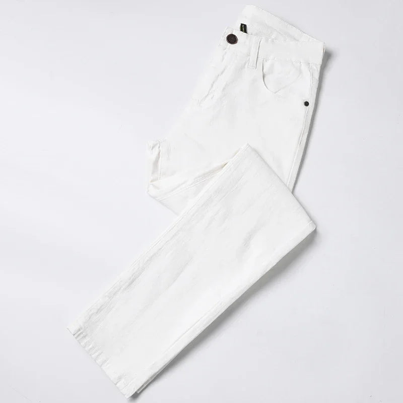 White Yellow Pink fashion 5 Color Men's Cotton Casual Pants Jeans Slim Straight Solid Color Business Trousers Four Seasons Brand