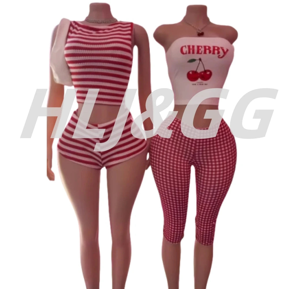 HLJ&GG Red Stripe Knitting Y2K Fashion Streetwear Women O Neck Sleeveless Slim Crop Top And Shorts Two Piece Sets Outfits 2025
