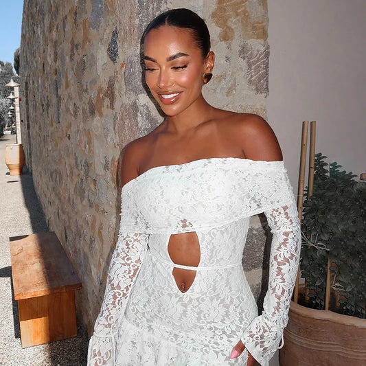 STYLISH LADY Off the Shoulder White Lace Dress 2025 Spring Women Long Sleeve Slash Neck Cut Out Bodycon Ruffle Mini Dresses